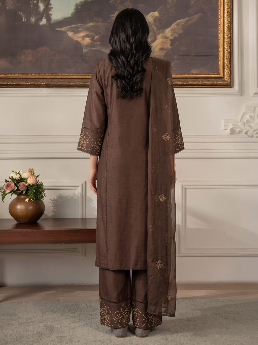Brown Printed Chanderi Kurta With Pant &amp; Dupatta