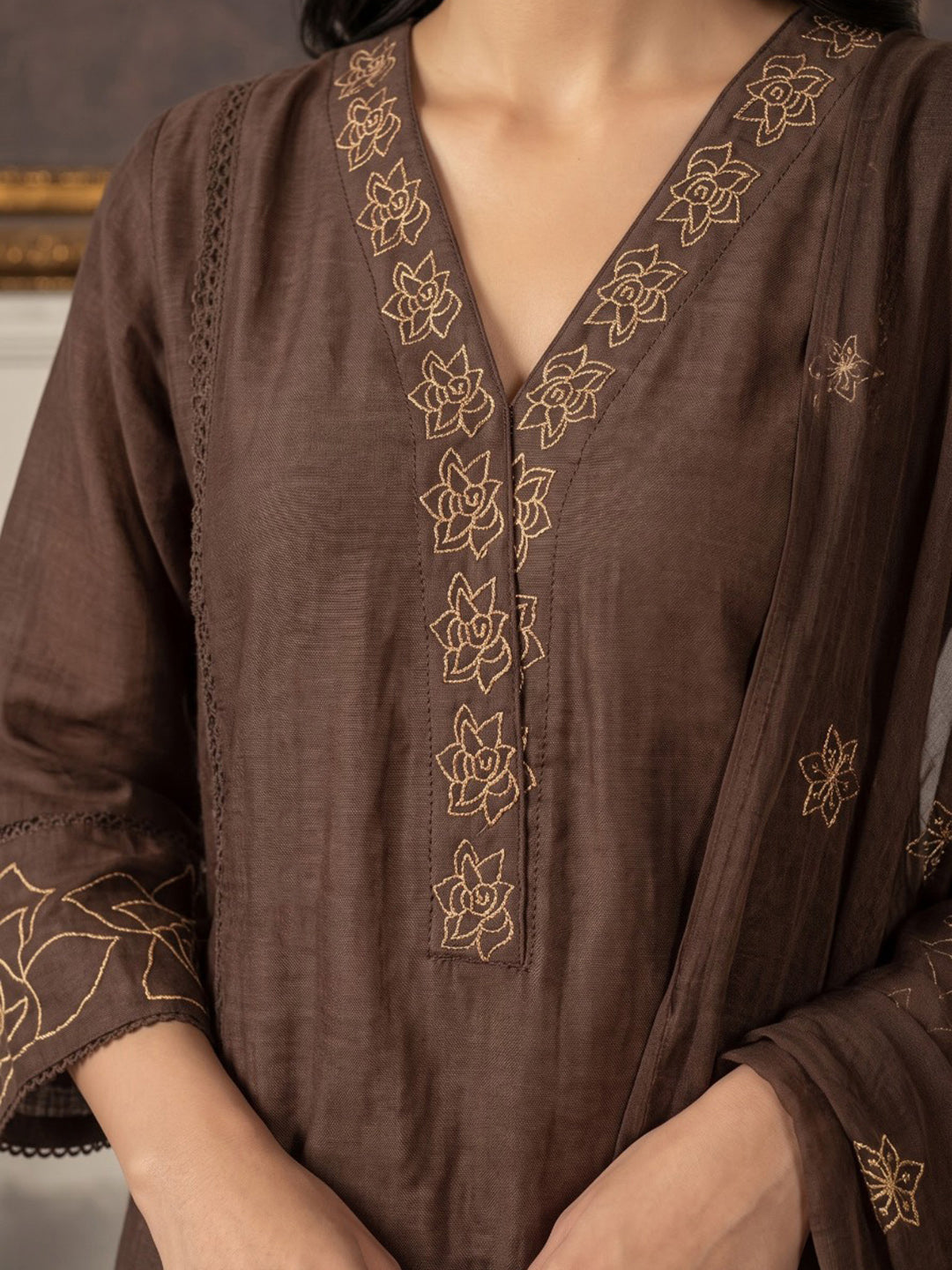 Brown Printed Chanderi Kurta With Pant &amp; Dupatta