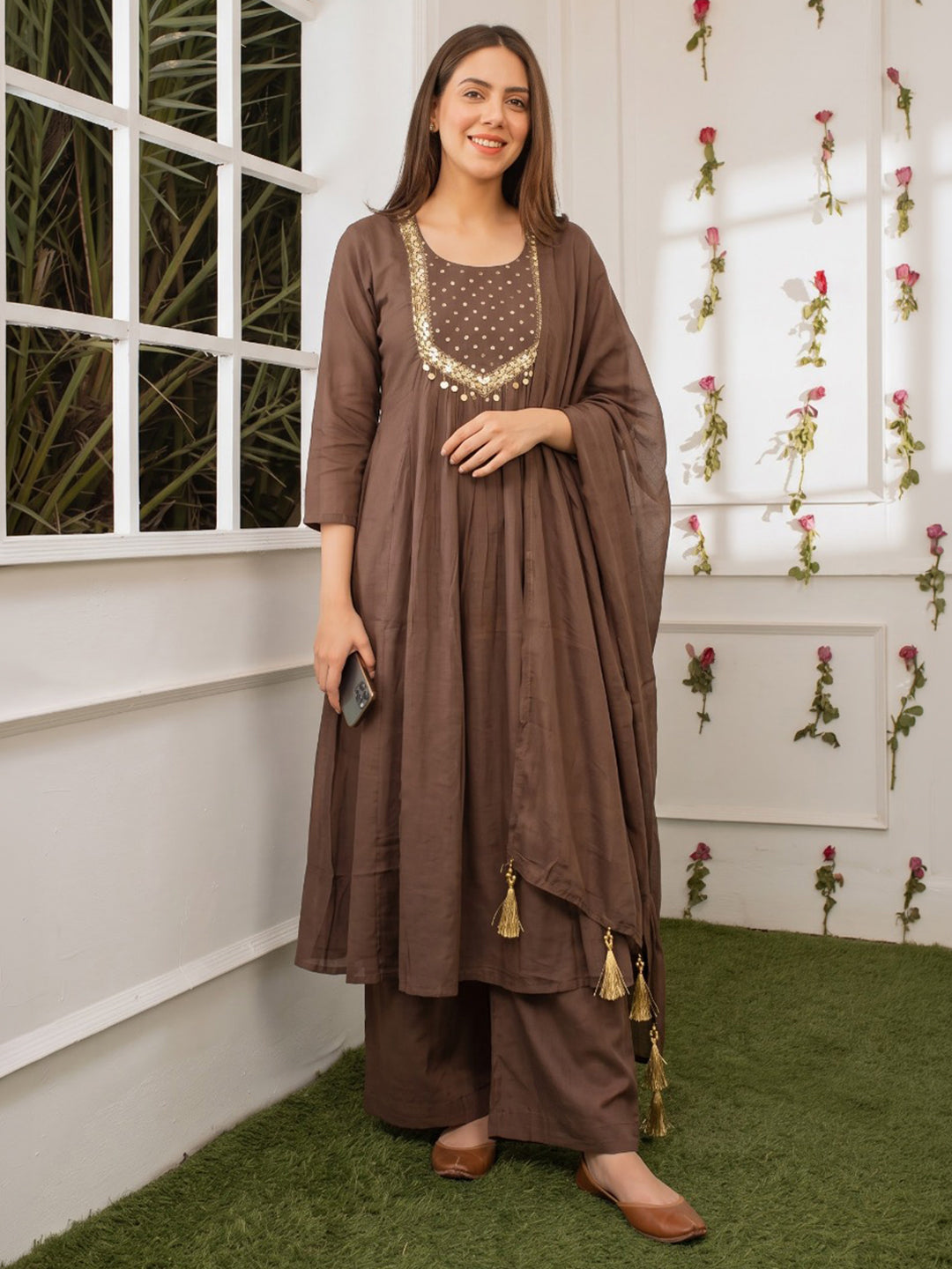 Brown Printed Cotton Blend Kurta With Pant &amp; Dupatta