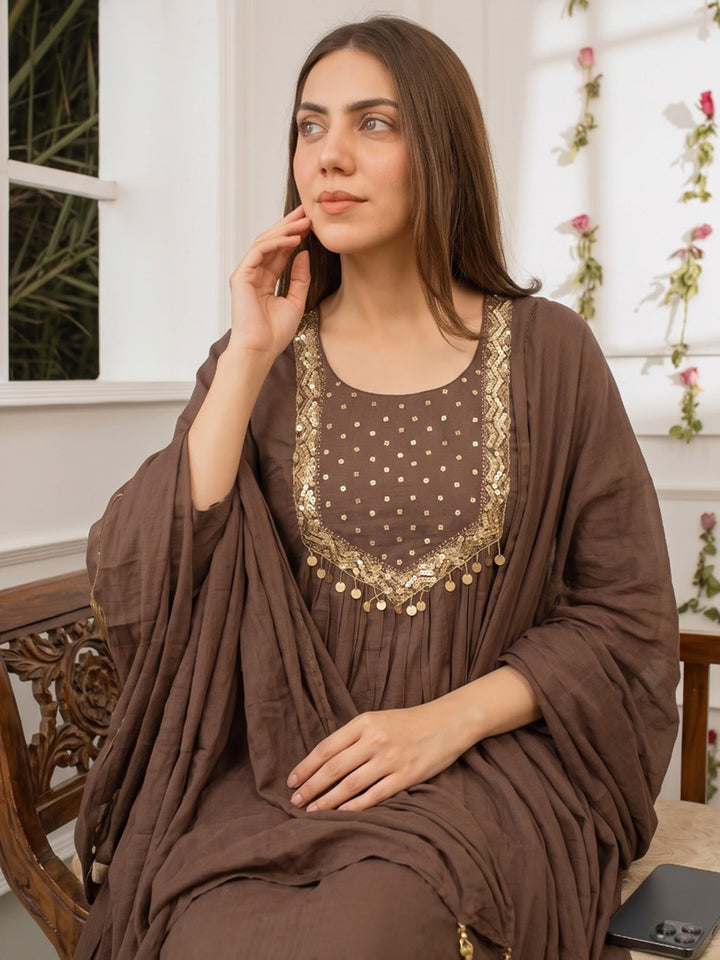 Brown Printed Cotton Blend Kurta With Pant &amp; Dupatta