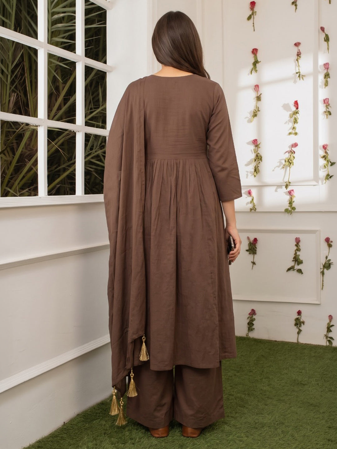 Brown Printed Cotton Blend Kurta With Pant &amp; Dupatta