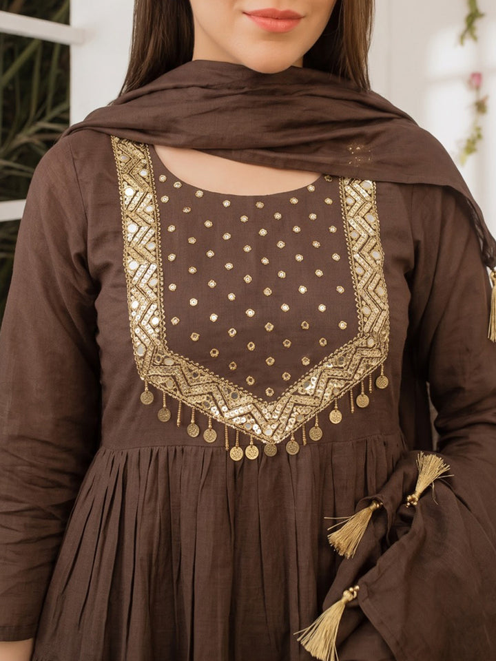 Brown Printed Cotton Blend Kurta With Pant &amp; Dupatta