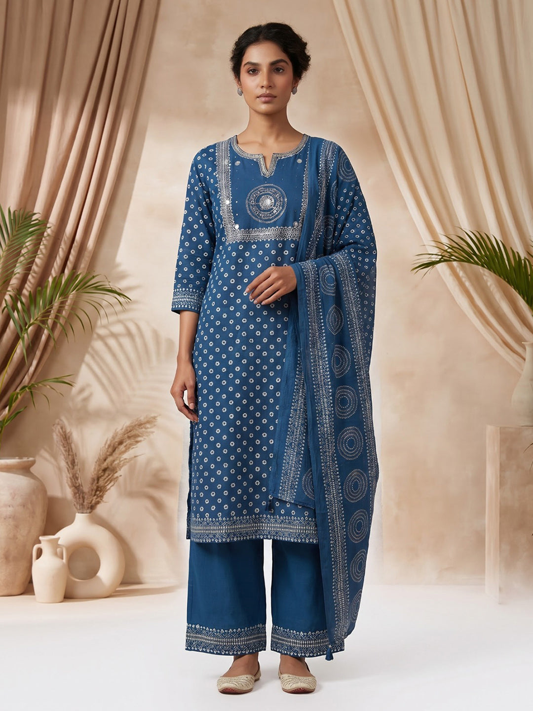 Blue Printed Cotton Blend Kurta With Pant &amp; Dupatta