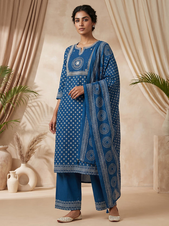 Blue Printed Cotton Blend Kurta With Pant &amp; Dupatta