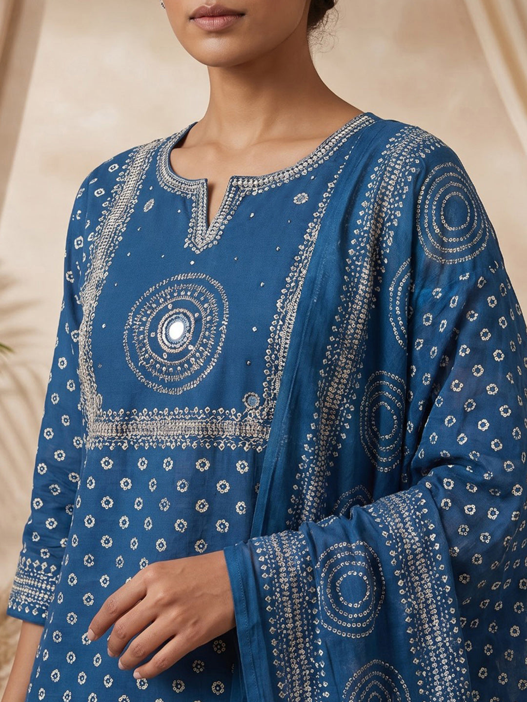 Blue Printed Cotton Blend Kurta With Pant &amp; Dupatta