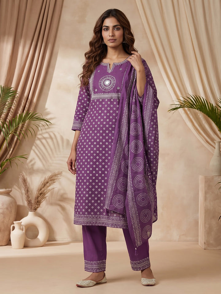 Wine Printed Cotton Blend Kurta With Pant &amp; Dupatta