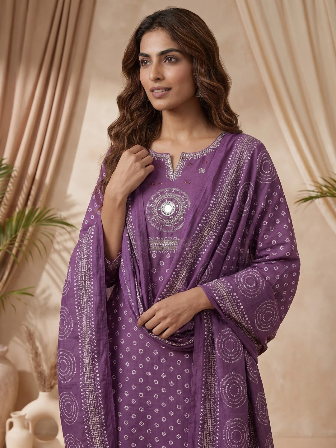 Wine Printed Cotton Blend Kurta With Pant &amp; Dupatta