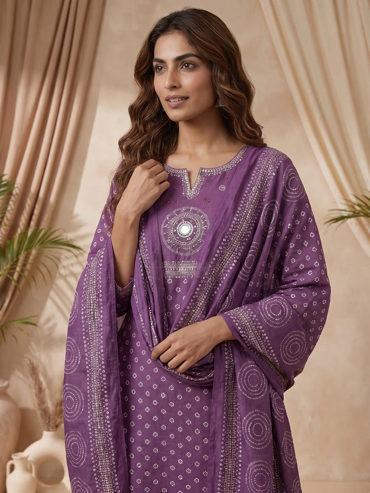 Wine Printed Cotton Blend Kurta With Pant &amp; Dupatta