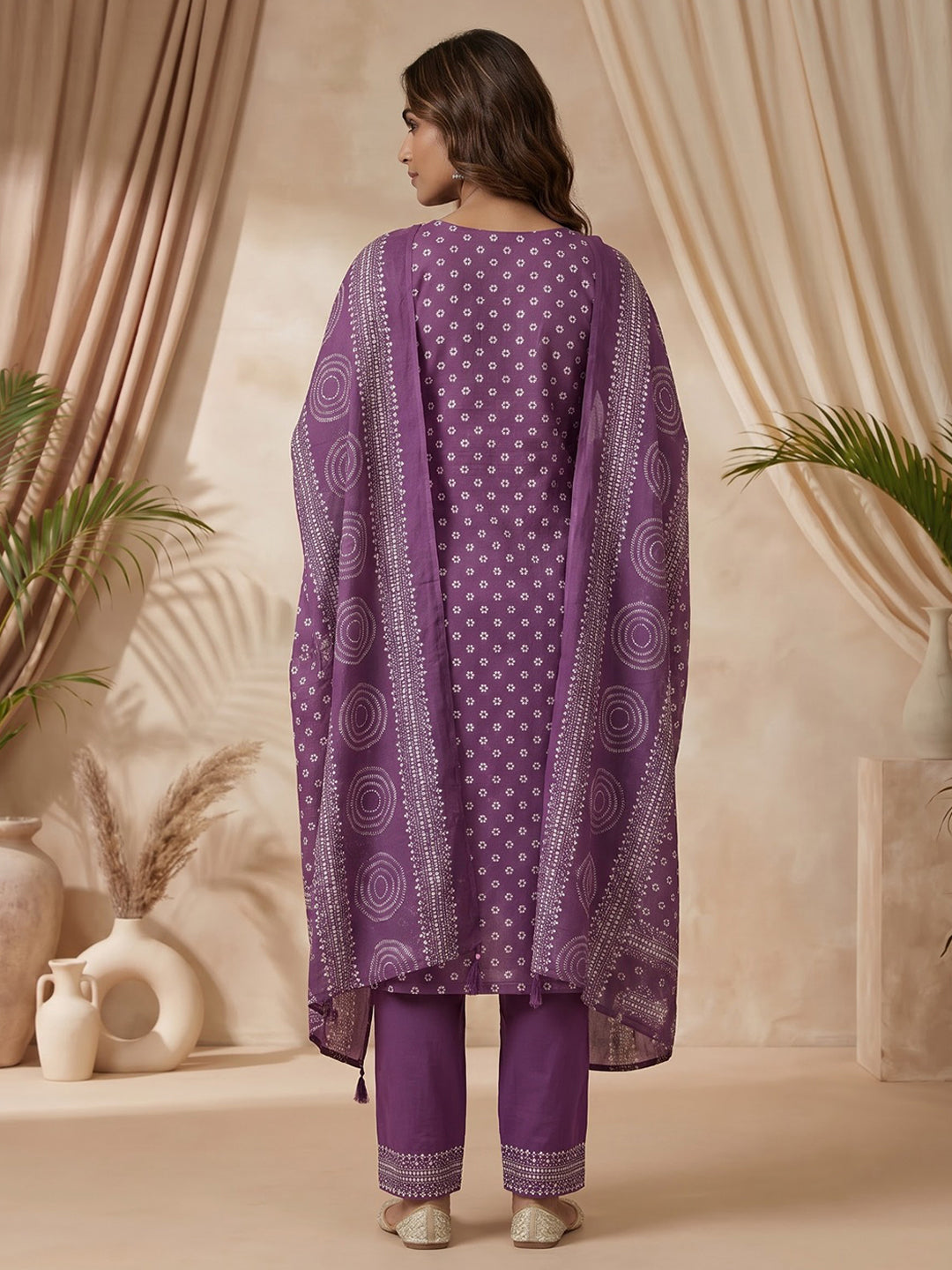 Wine Printed Cotton Blend Kurta With Pant &amp; Dupatta
