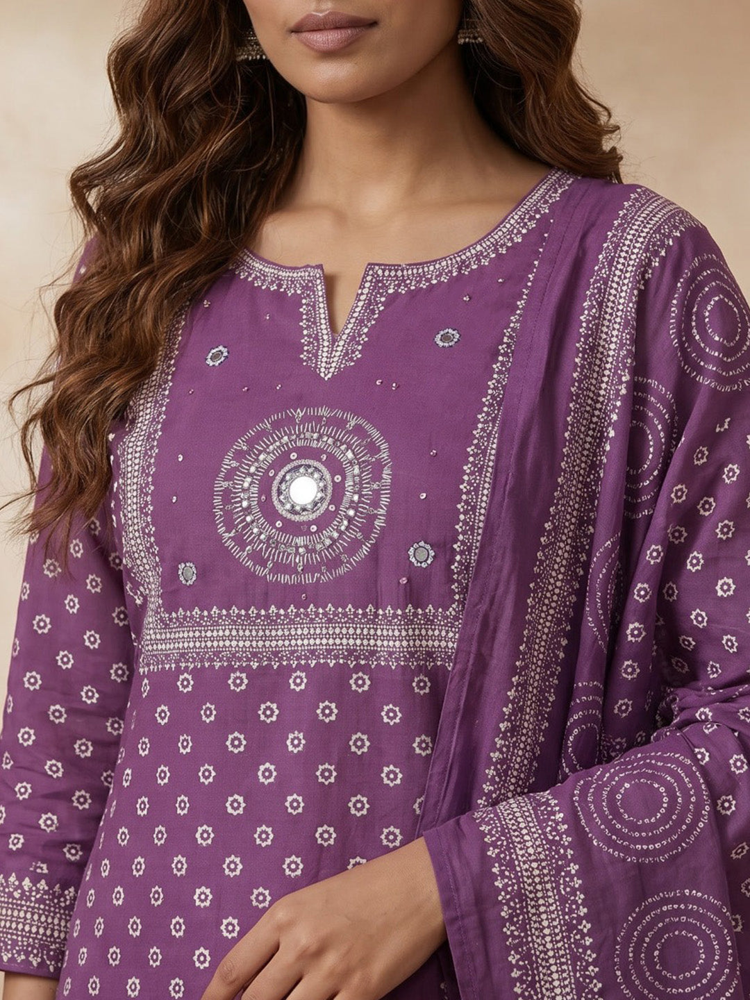 Wine Printed Cotton Blend Kurta With Pant &amp; Dupatta