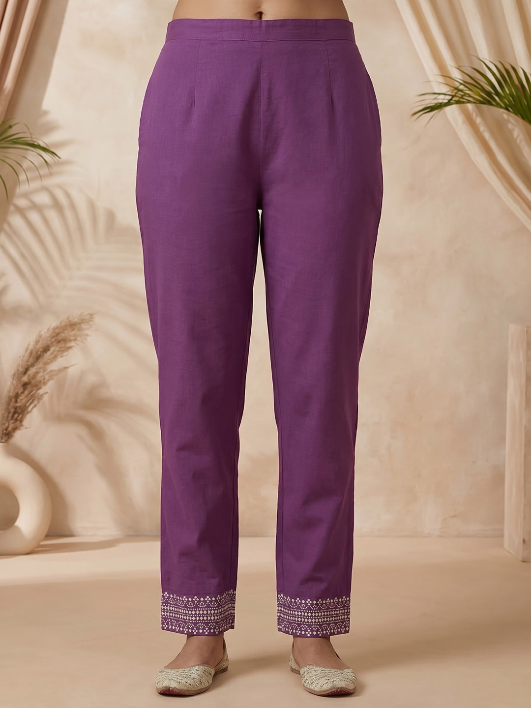 Wine Printed Cotton Blend Kurta With Pant &amp; Dupatta