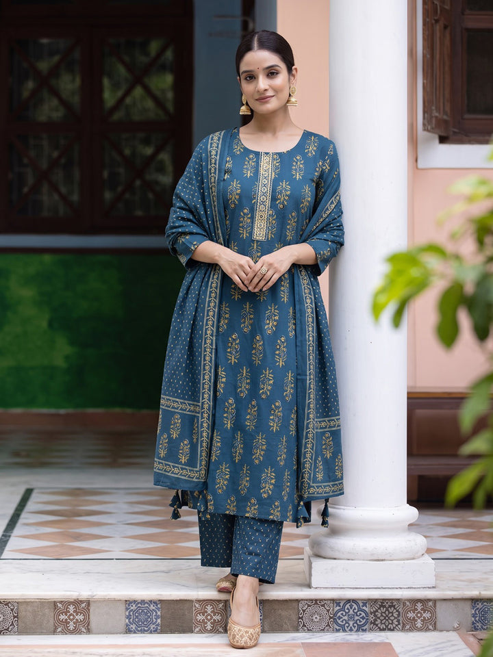 Blue Printed Cotton Blend Kurta With Pant &amp; Dupatta