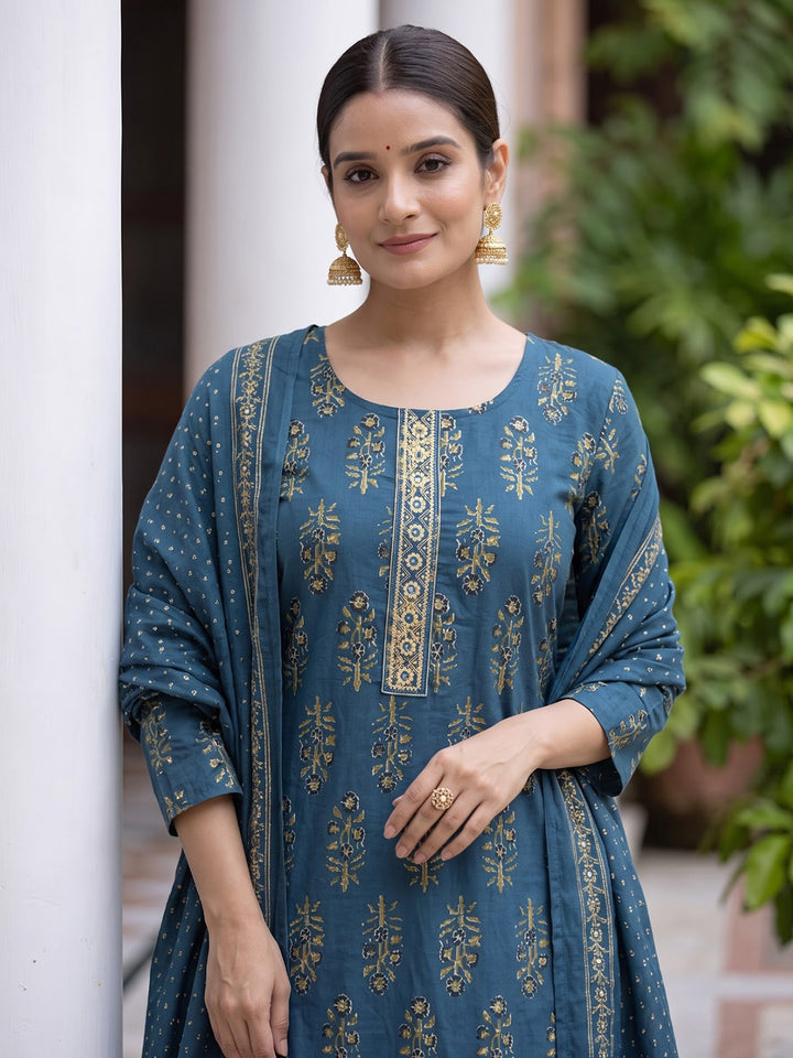 Blue Printed Cotton Blend Kurta With Pant &amp; Dupatta