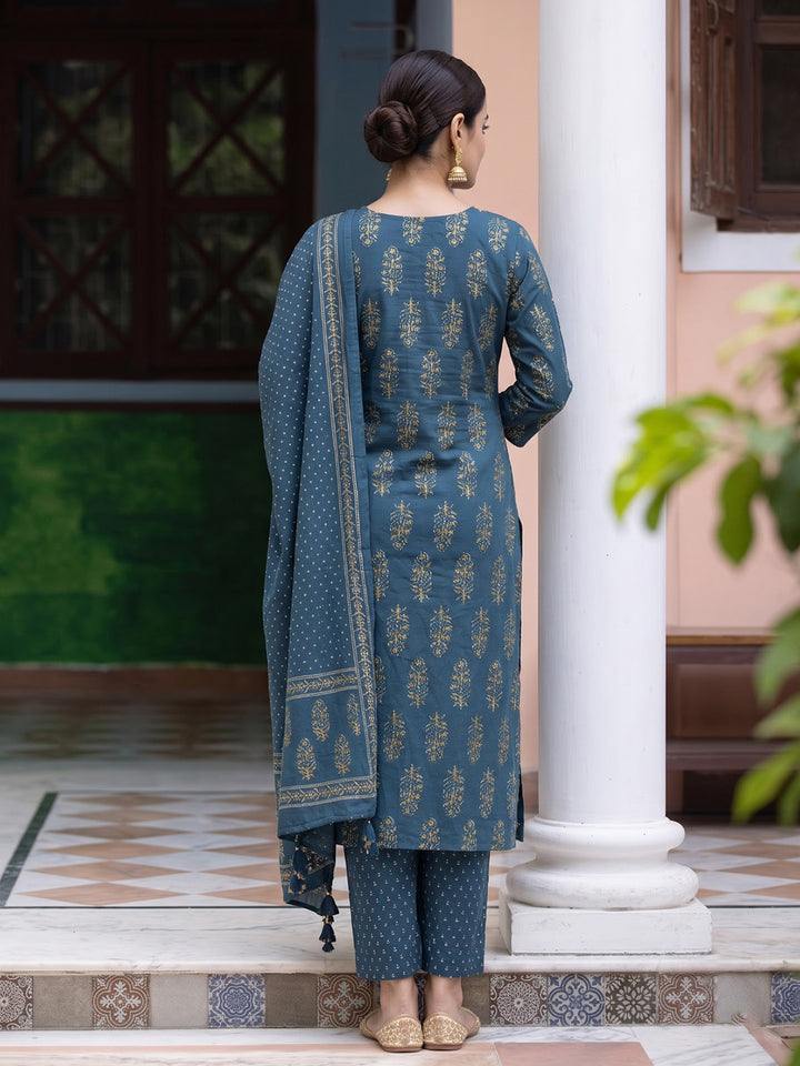 Blue Printed Cotton Blend Kurta With Pant &amp; Dupatta