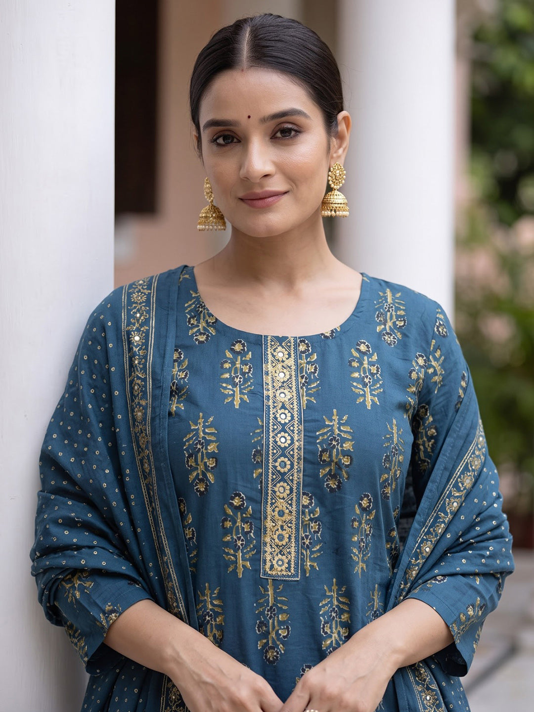 Blue Printed Cotton Blend Kurta With Pant &amp; Dupatta
