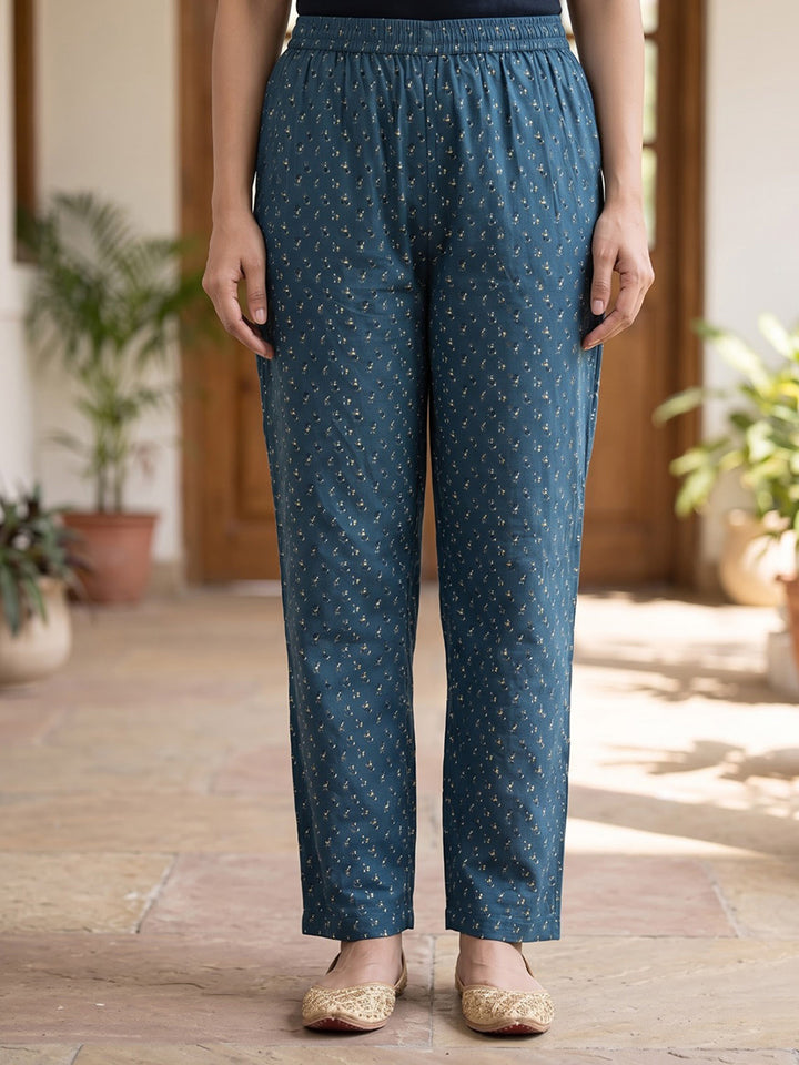 Blue Printed Cotton Blend Kurta With Pant &amp; Dupatta