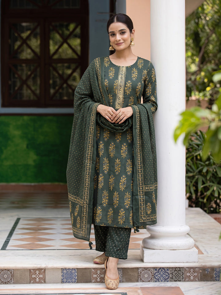 Bottle Green Printed Cotton Blend Kurta With Pant &amp; Dupatta