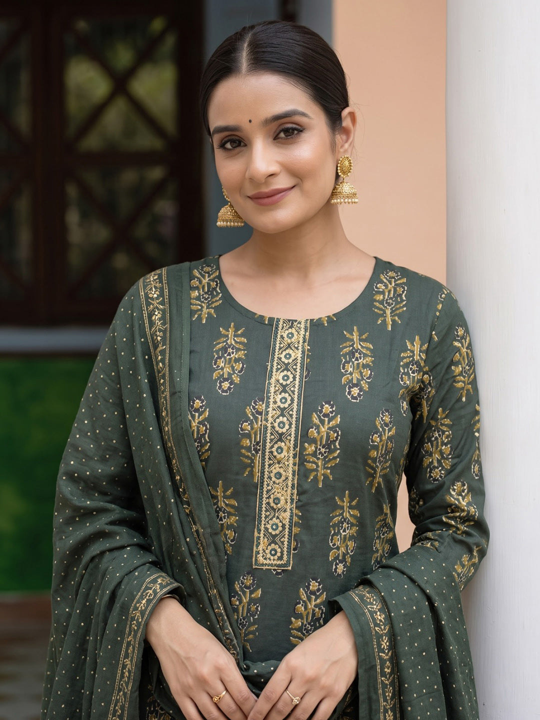 Bottle Green Printed Cotton Blend Kurta With Pant &amp; Dupatta
