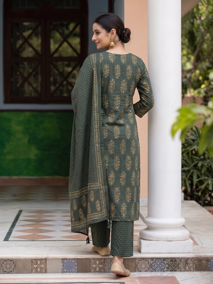 Bottle Green Printed Cotton Blend Kurta With Pant &amp; Dupatta
