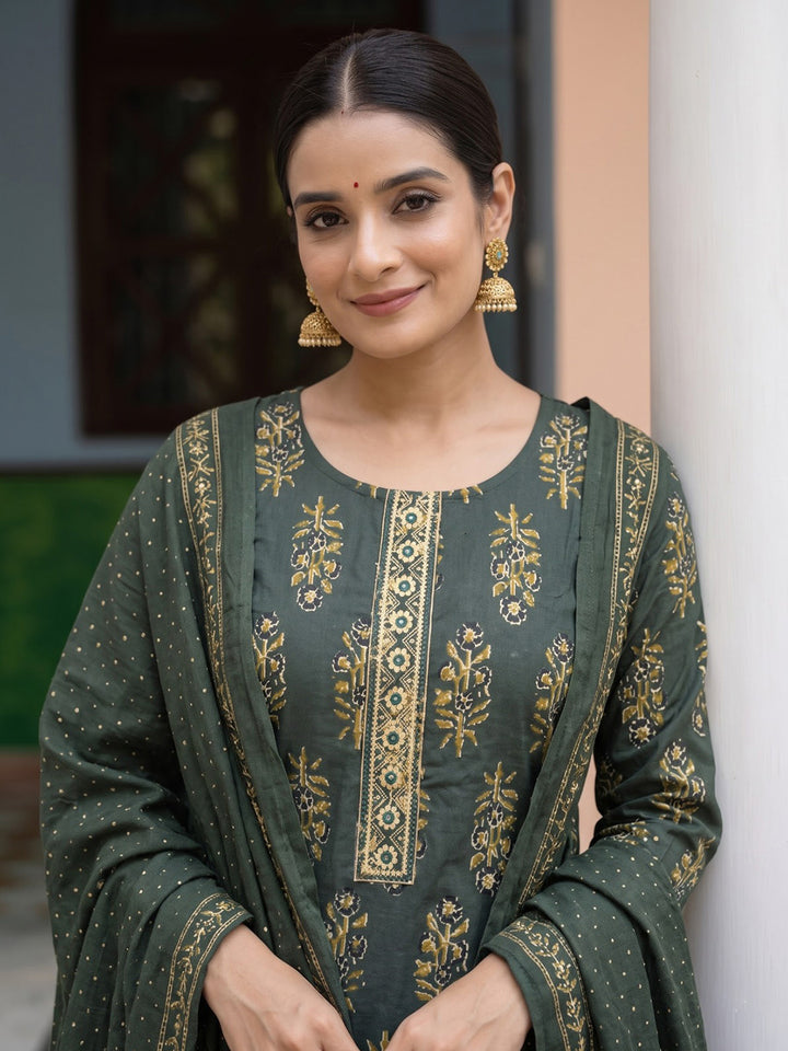 Bottle Green Printed Cotton Blend Kurta With Pant &amp; Dupatta