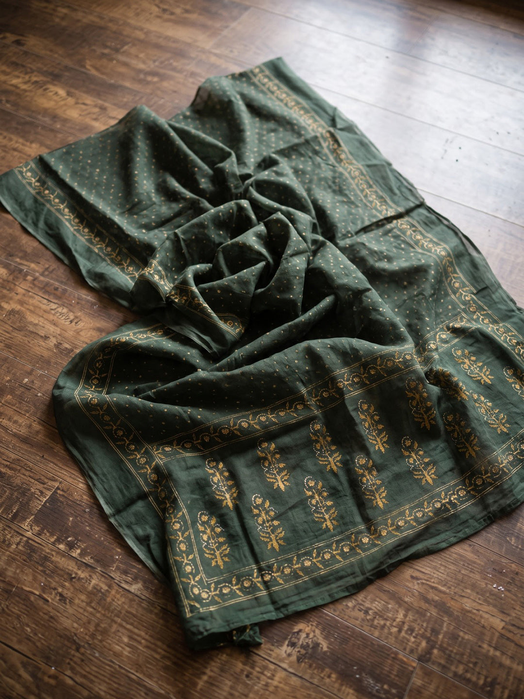 Bottle Green Printed Cotton Blend Kurta With Pant &amp; Dupatta