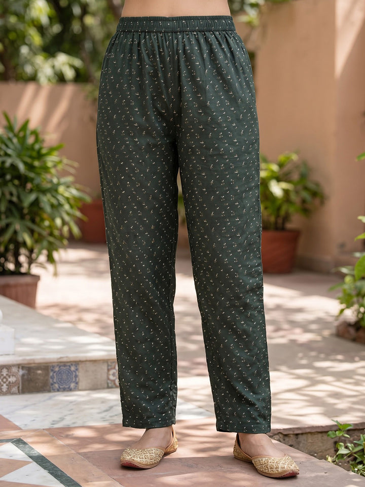 Bottle Green Printed Cotton Blend Kurta With Pant &amp; Dupatta