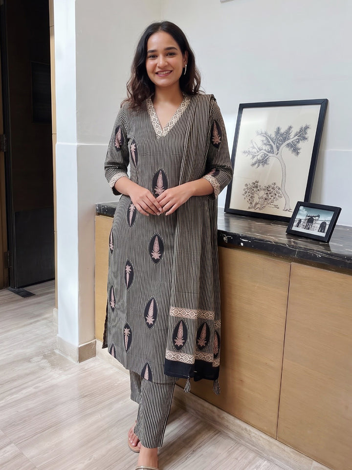 Black Printed Cotton Blend Kurta With Pant &amp; Dupatta