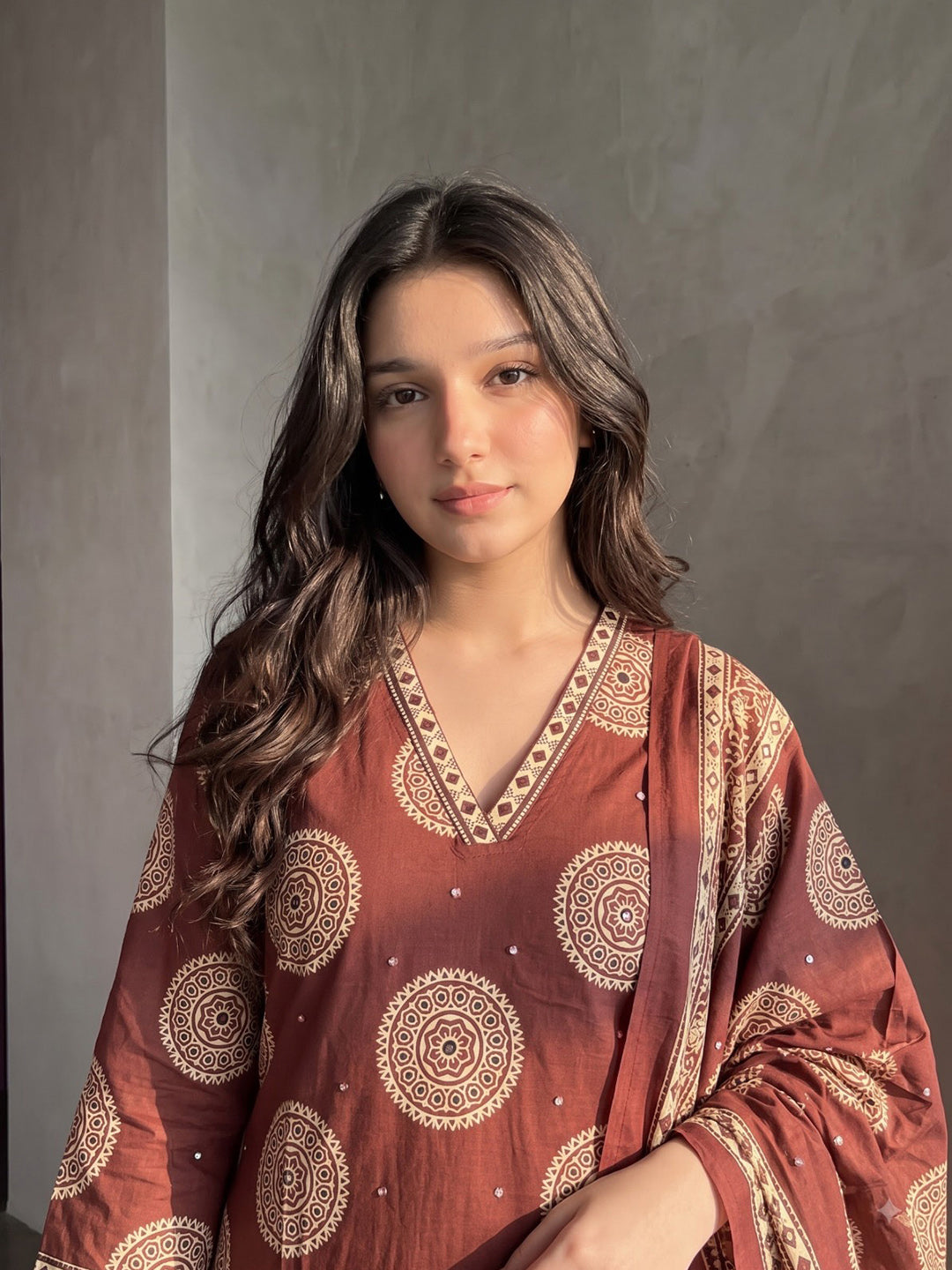 Maroon Printed Cotton Blend Kurta With Pant &amp; Dupatta