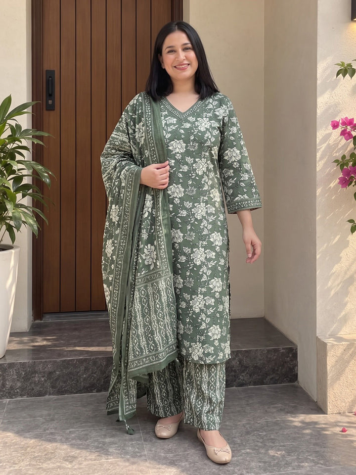 Aqua Green Printed Cotton Blend Kurta With Pant &amp; Dupatta