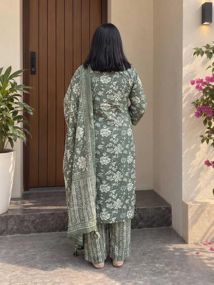 Aqua Green Printed Cotton Blend Kurta With Pant &amp; Dupatta