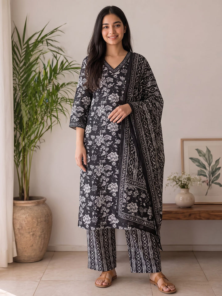 Black Printed Cotton Blend Kurta With Pant &amp; Dupatta
