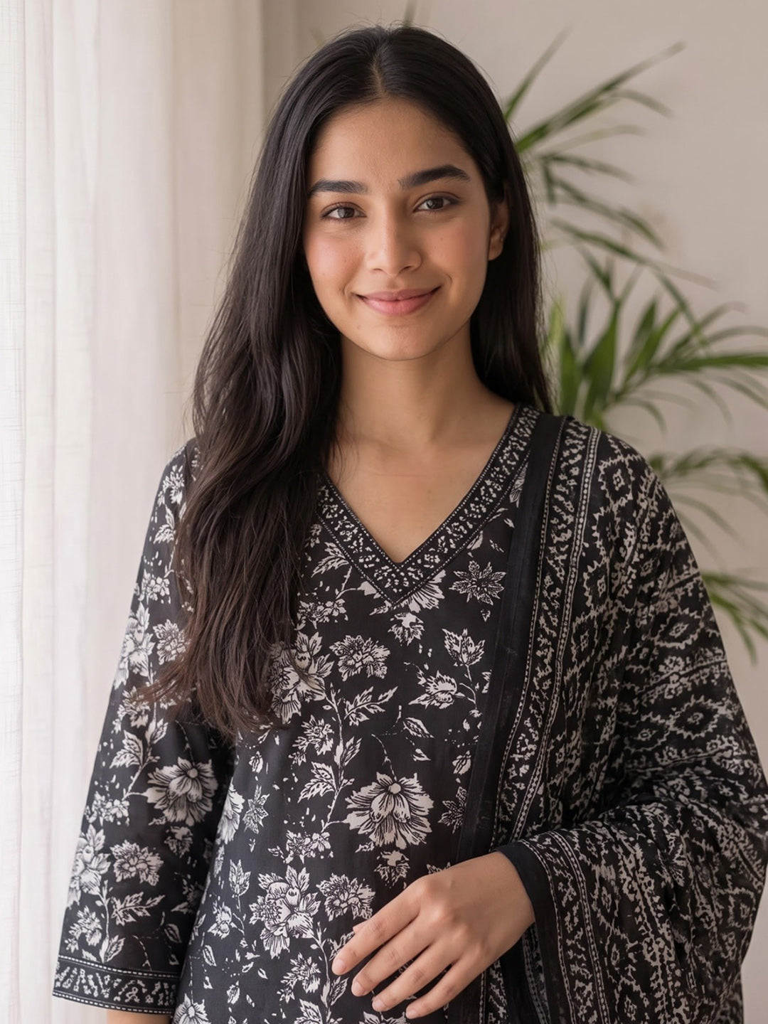 Black Printed Cotton Blend Kurta With Pant &amp; Dupatta