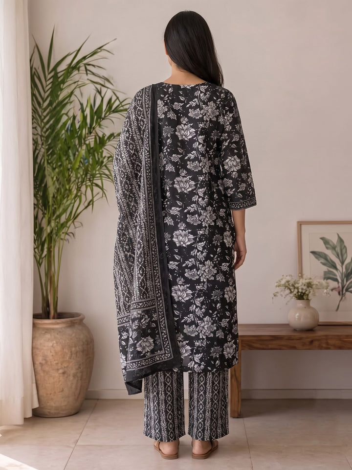 Black Printed Cotton Blend Kurta With Pant &amp; Dupatta