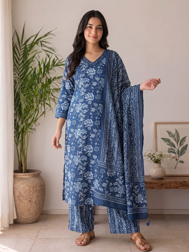 Blue Printed Cotton Blend Kurta With Pant &amp; Dupatta