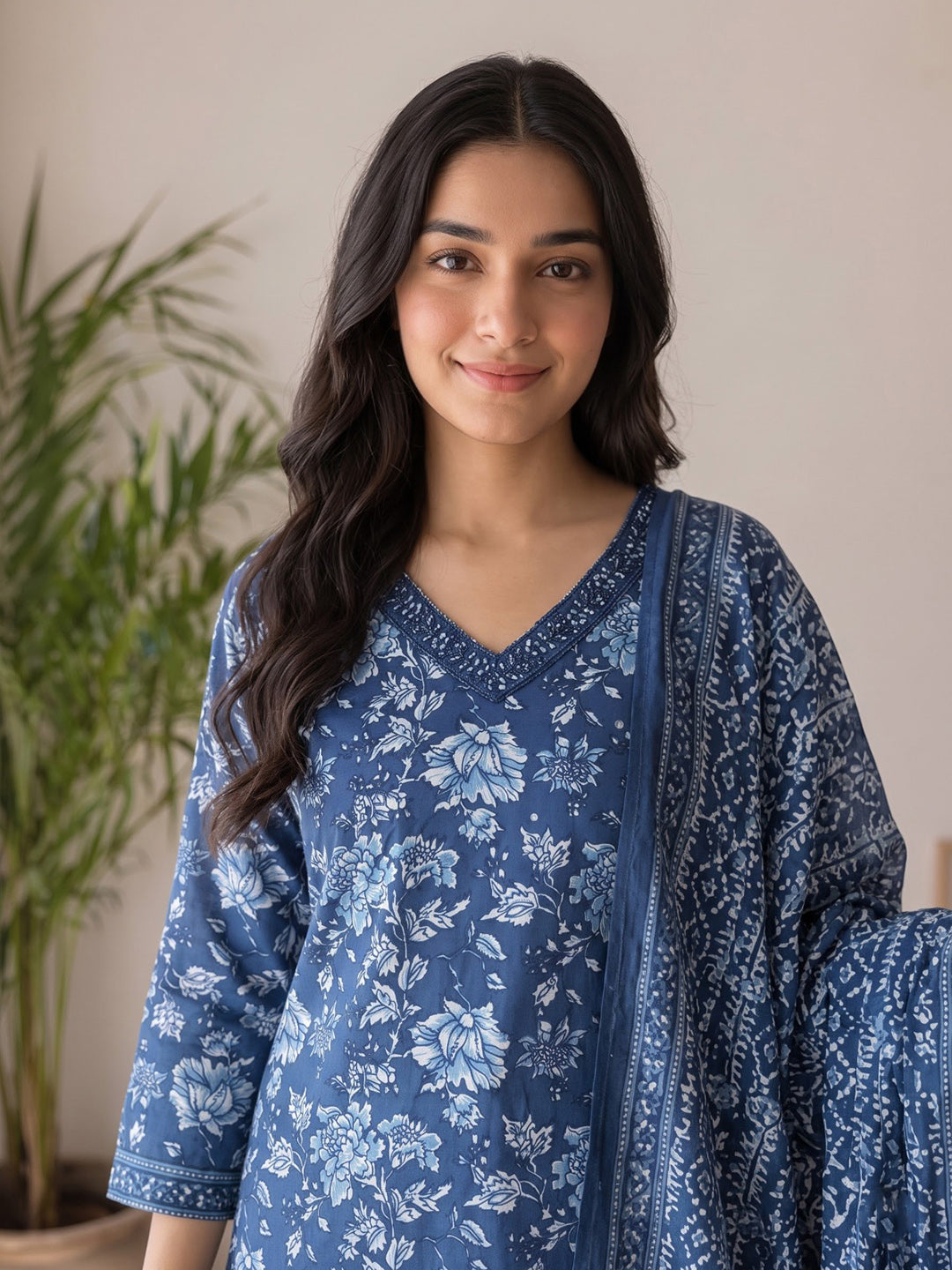 Blue Printed Cotton Blend Kurta With Pant &amp; Dupatta
