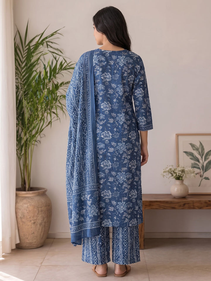 Blue Printed Cotton Blend Kurta With Pant &amp; Dupatta