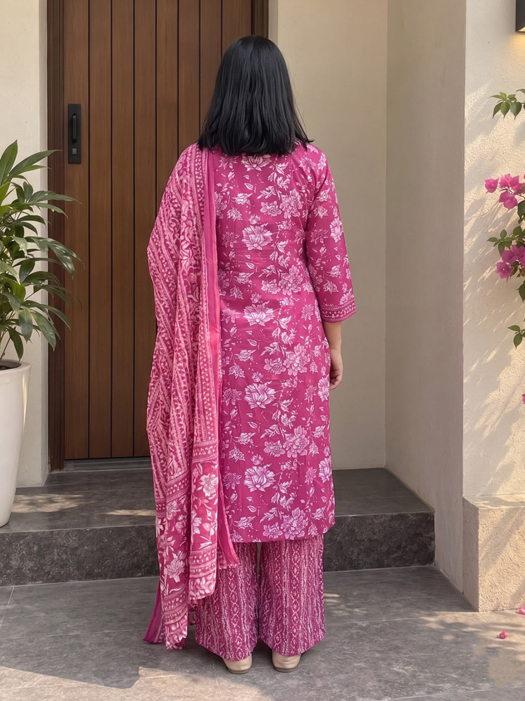 Pink Printed Cotton Blend Kurta With Pant &amp; Dupatta
