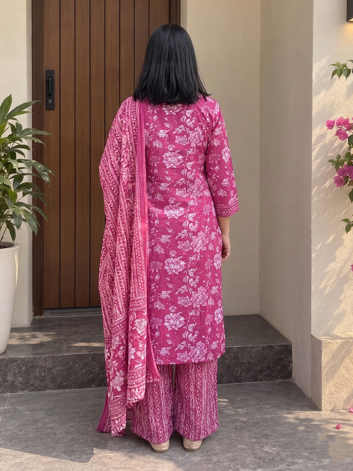 Pink Printed Cotton Blend Kurta With Pant &amp; Dupatta