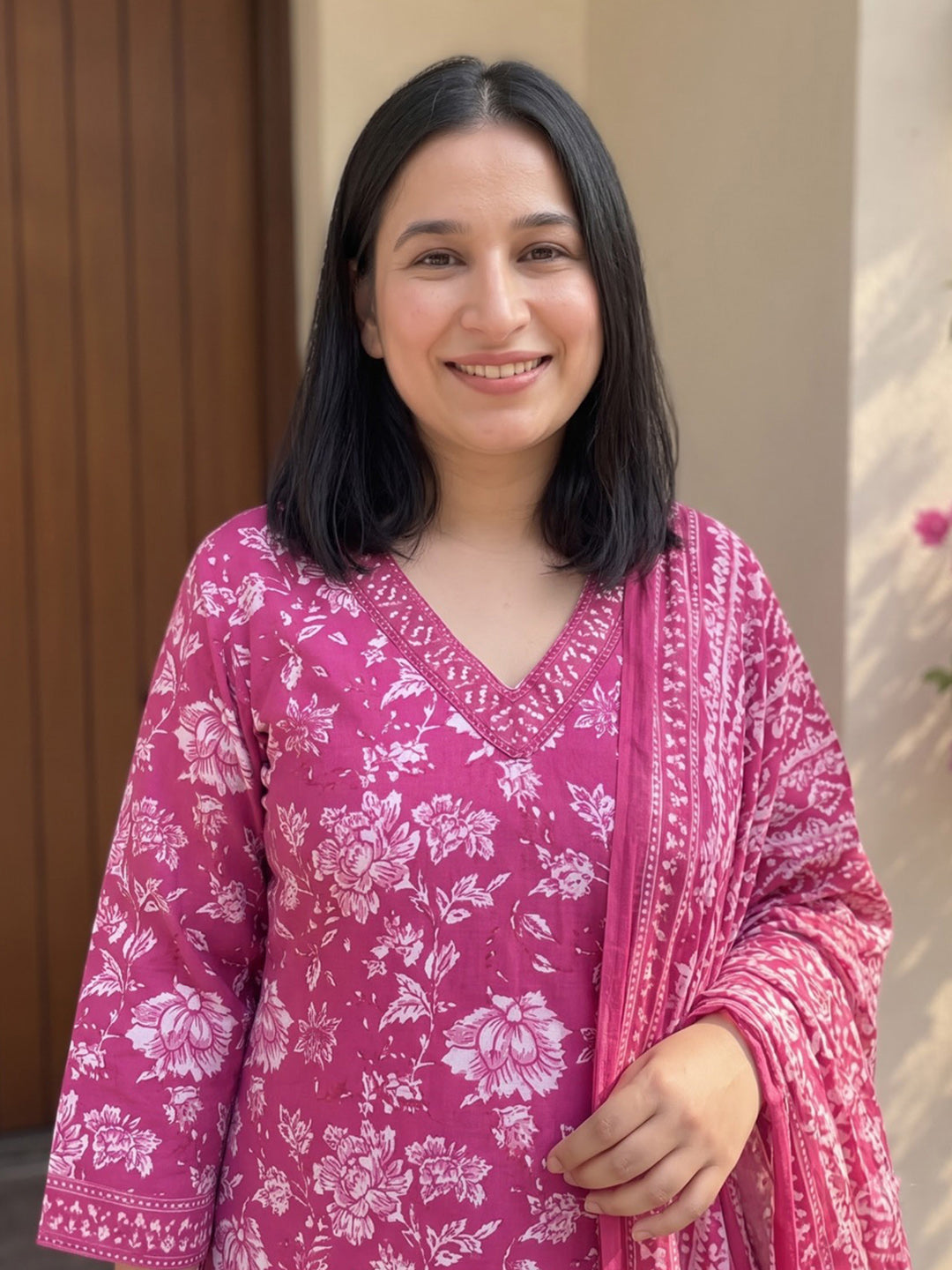 Pink Printed Cotton Blend Kurta With Pant &amp; Dupatta