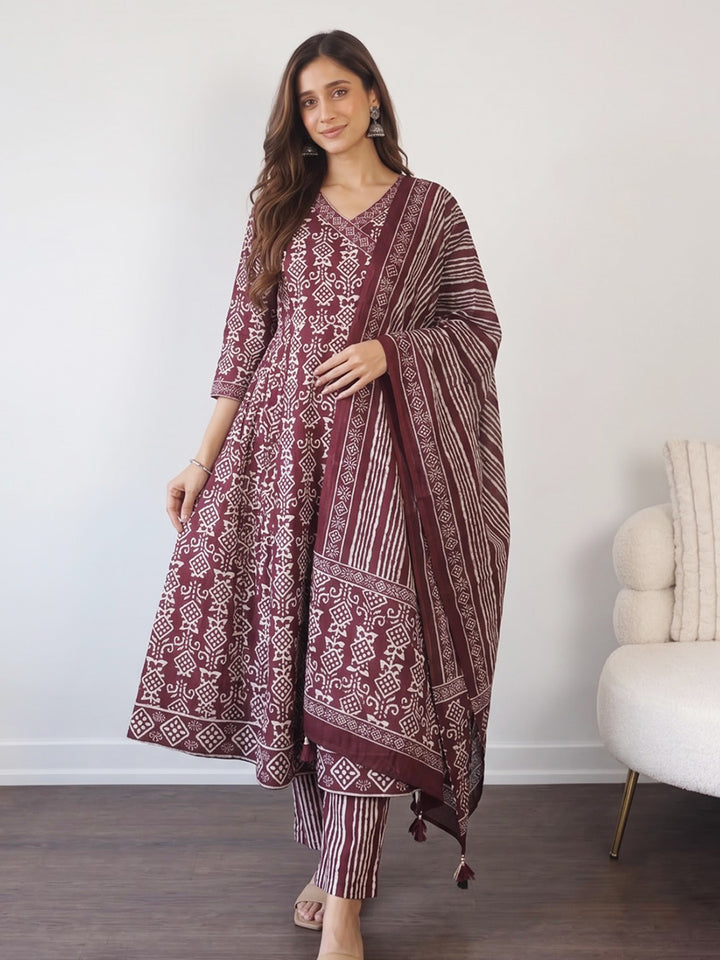 Wine Printed Cotton Blend Kurta With Pant &amp; Dupatta