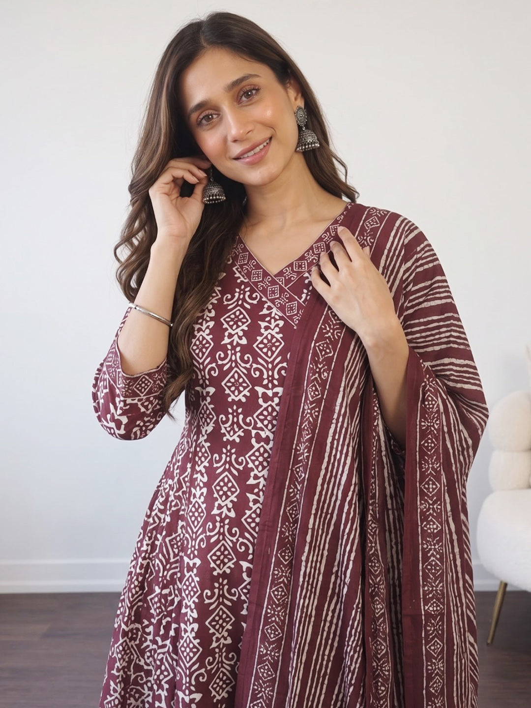 Wine Printed Cotton Blend Kurta With Pant &amp; Dupatta