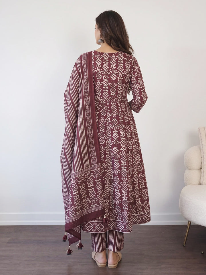 Wine Printed Cotton Blend Kurta With Pant &amp; Dupatta