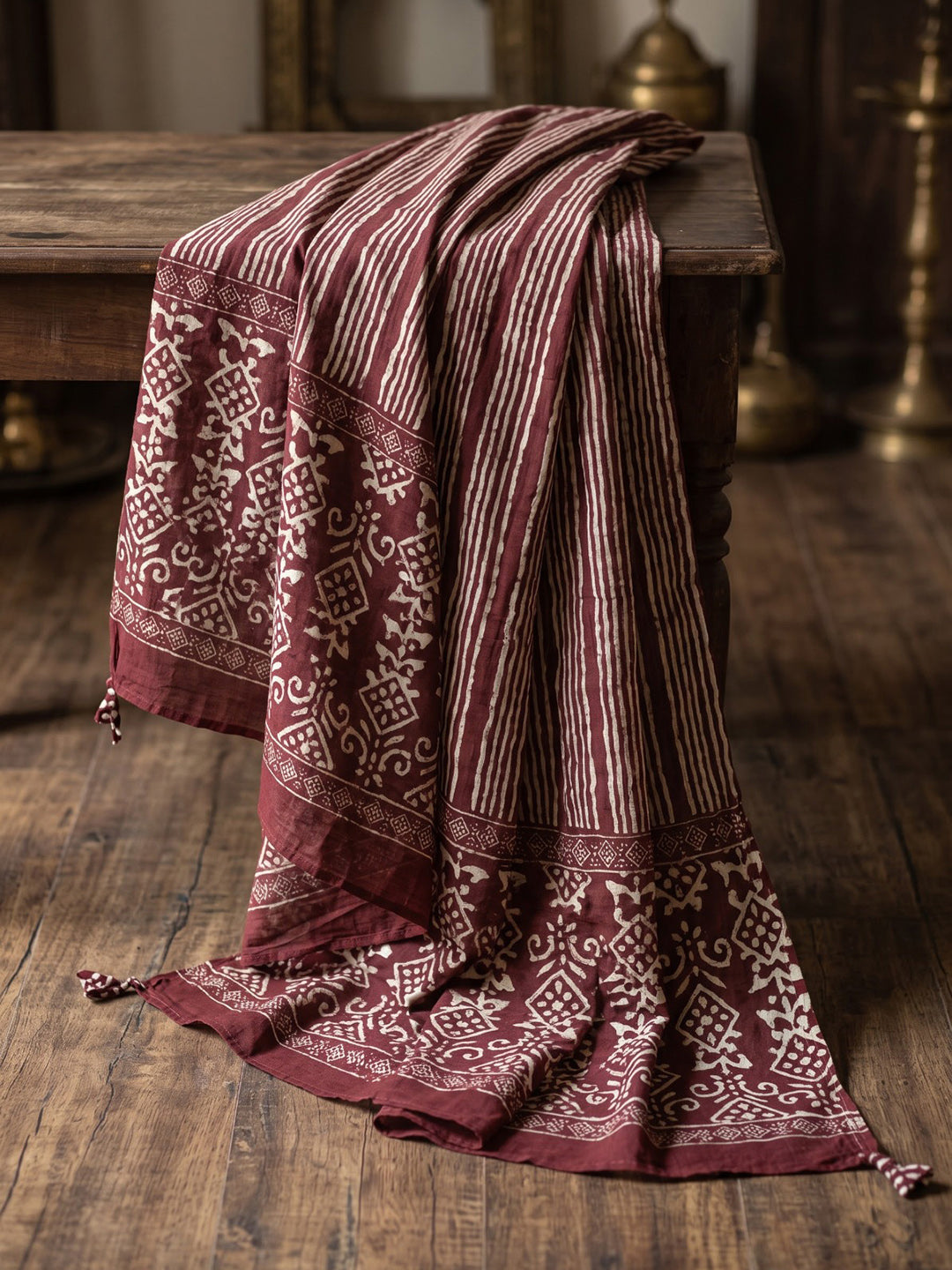 Wine Printed Cotton Blend Kurta With Pant &amp; Dupatta