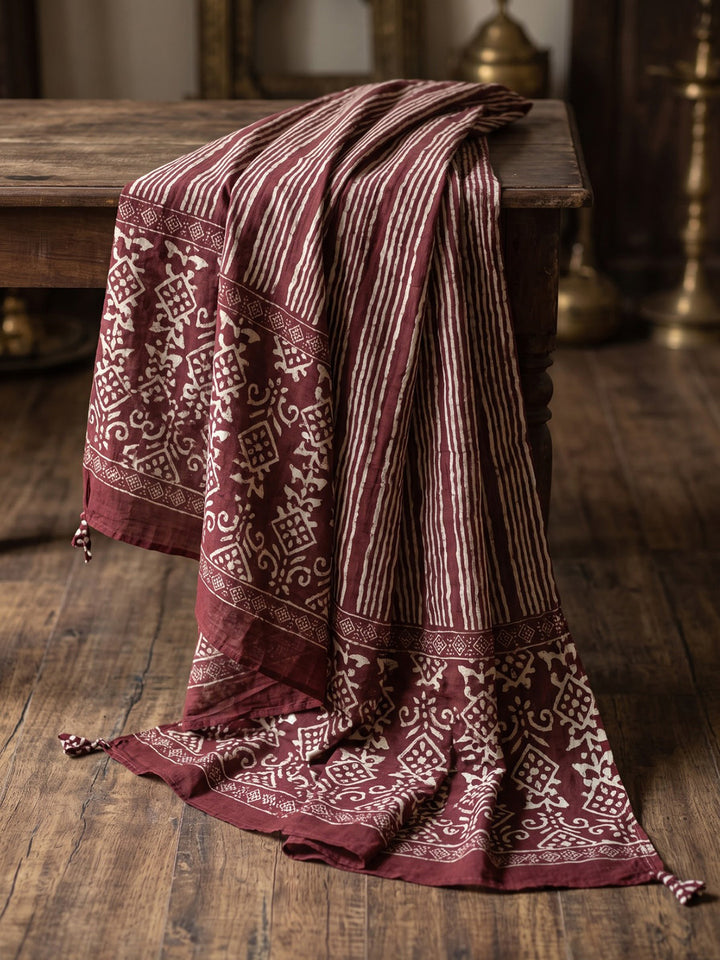 Wine Printed Cotton Blend Kurta With Pant &amp; Dupatta