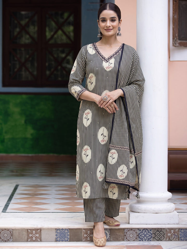 Black Printed Cotton Blend Kurta With Pant &amp; Dupatta