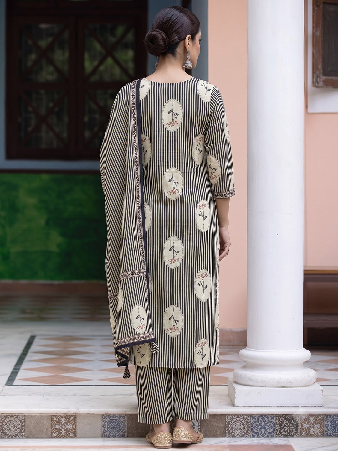 Black Printed Cotton Blend Kurta With Pant &amp; Dupatta