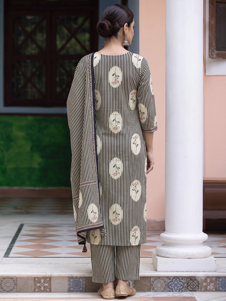 Black Printed Cotton Blend Kurta With Pant &amp; Dupatta
