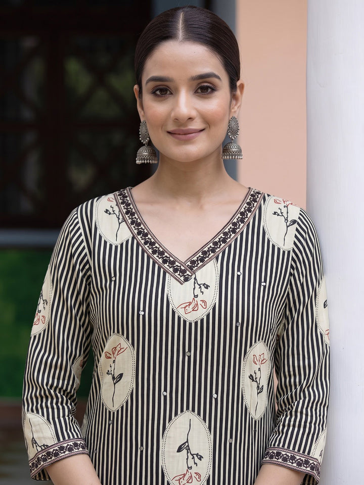 Black Printed Cotton Blend Kurta With Pant &amp; Dupatta