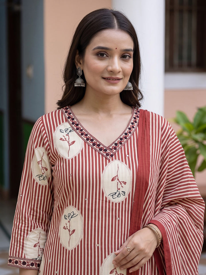 Rust Printed Cotton Blend Kurta With Pant &amp; Dupatta