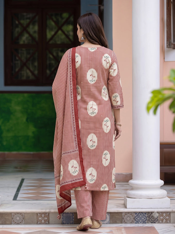 Rust Printed Cotton Blend Kurta With Pant &amp; Dupatta